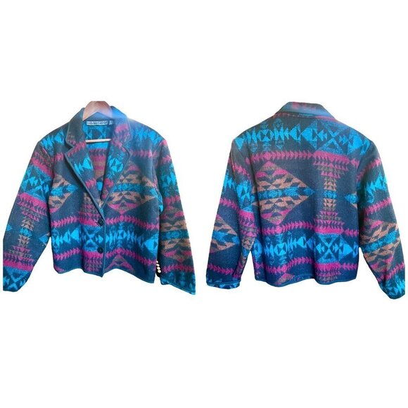 VTG Southwestern Navajo Aztec Wool Blend Jacket Blazer Short Teal Brown Black L - Picture 1 of 14
